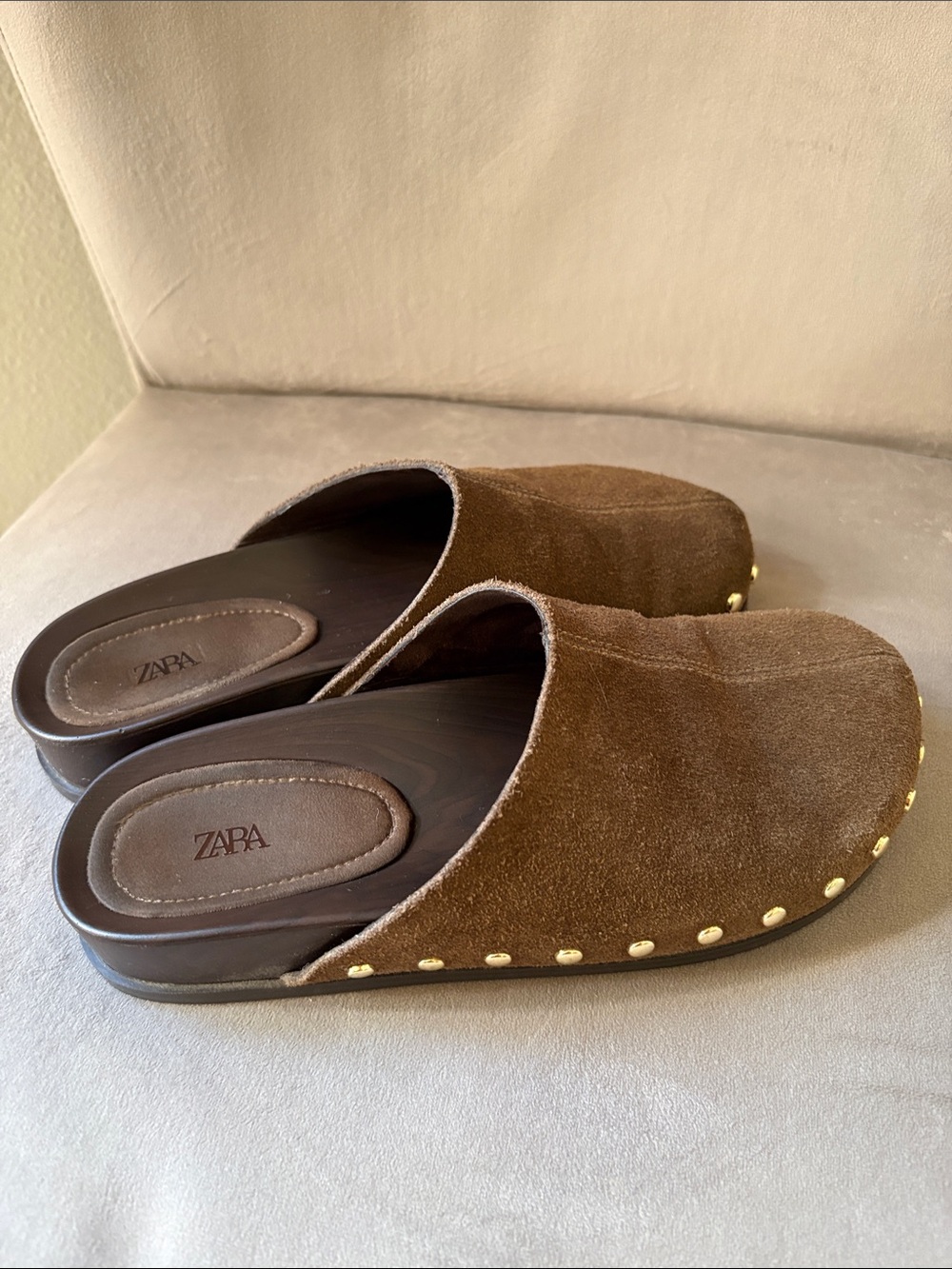 ZARA Brown Suede Studded Clog Mules